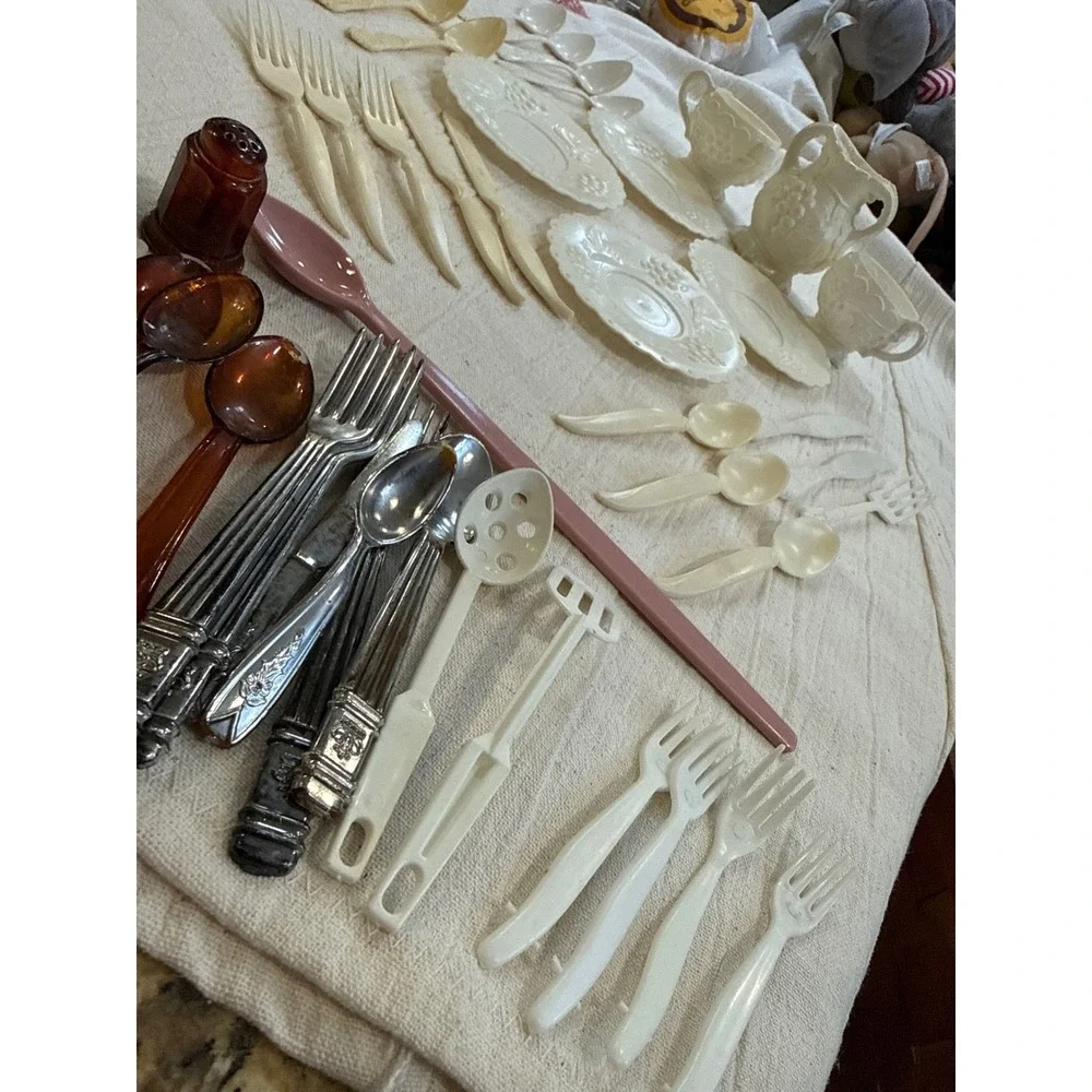 Vintage Toy Tea Set and Play Kitchen Utensils Lot Grape Pattern Plastic Retro